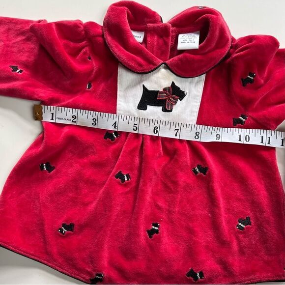 TWO Vintage 1990s Red Velvet Baby Dresses Lacey Floral Schnauzer Dog with Hat - Picture 10 of 13